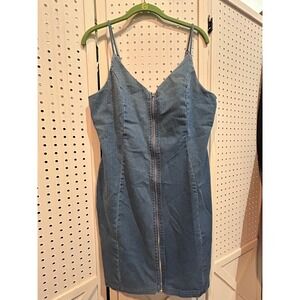 IRIS Denim Mini Dress Women's L Blue‎ Sleeveless V-Neck Zip Front Casual